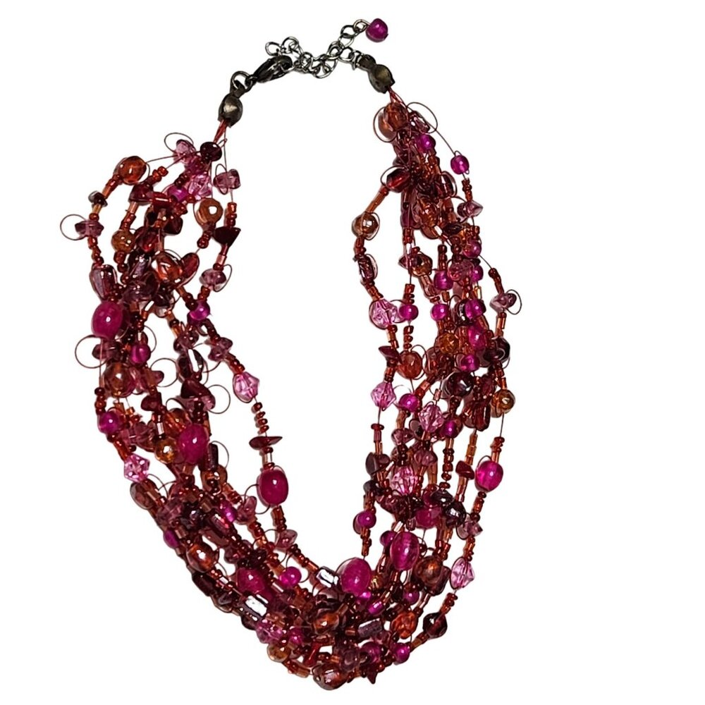 Boho Beaded Chunky Necklace Pink Red Orange Retro 60s 70s Multi Strand Statement